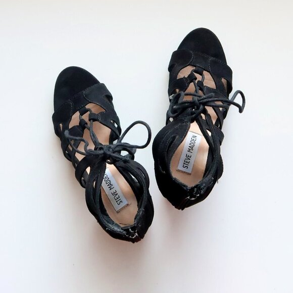 Steve Madden Black Suede Open Toe Lace Up Cut Out Block Heel Bootie Shoes Size 7 - Picture 11 of 14